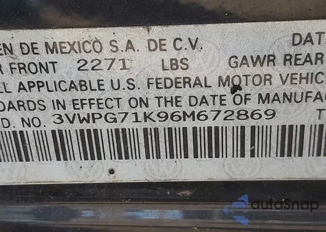 2006 Volkswagen Jetta Value Edition из США, поврежденный, VIN 3VWPG71K96M672869